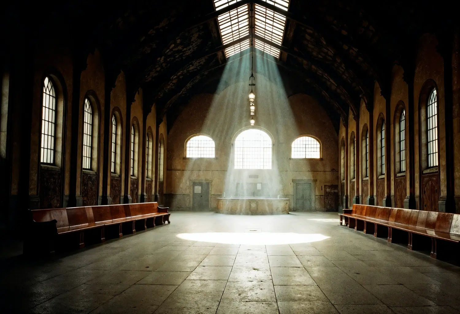 Church interior with arches and sanctuary light